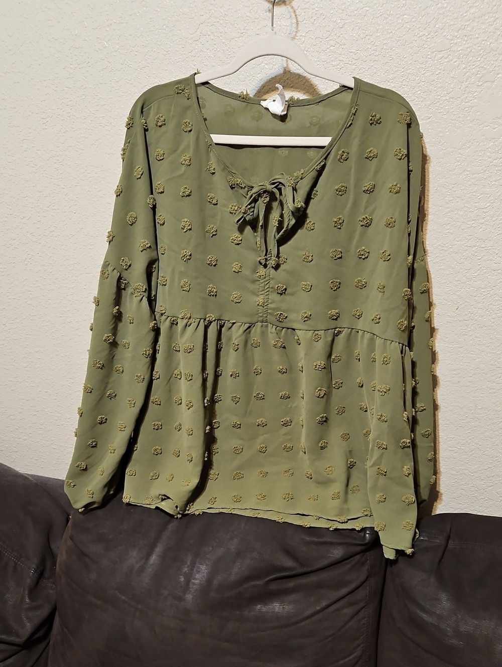 BiBi Olive Textured Peplum Tie-Front Tunic